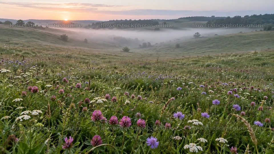 Misty Wildflower Meadow at Sunrise – flower stock photos 10324x5812
