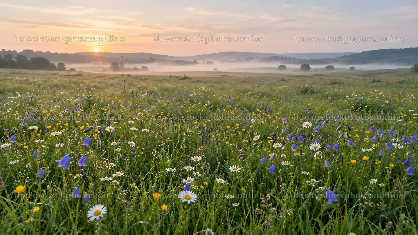 Wildflower Meadow in Morning Mist at Sunrise – flower stock photos 10324x5812