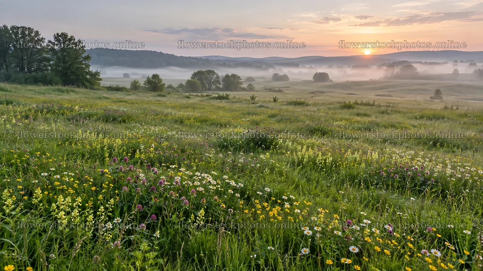 Wildflower Meadow in Morning Mist at Sunrise – flower stock photos 10324x5812